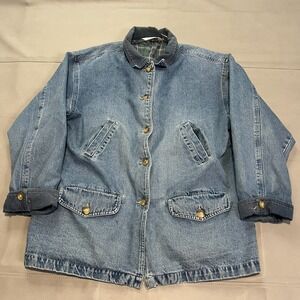 VTG Cherokee Men Denim Chore Barn Field Coat Jacket Plaid Lined Blue Y2K M-4693